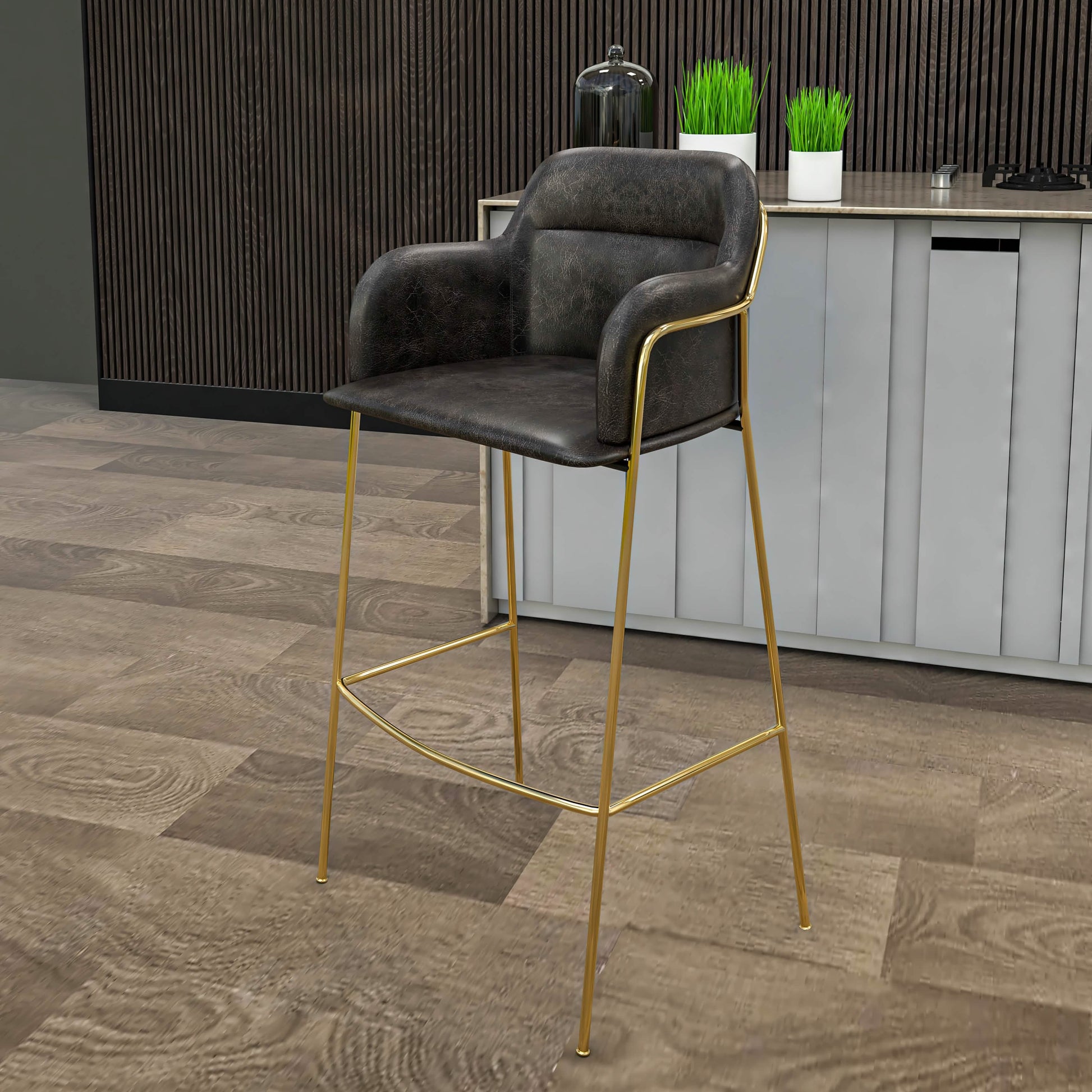Axis 40" Bar Stool with Ergonomic Design, Powder - Coated Base, and Footrest in Black/Gold