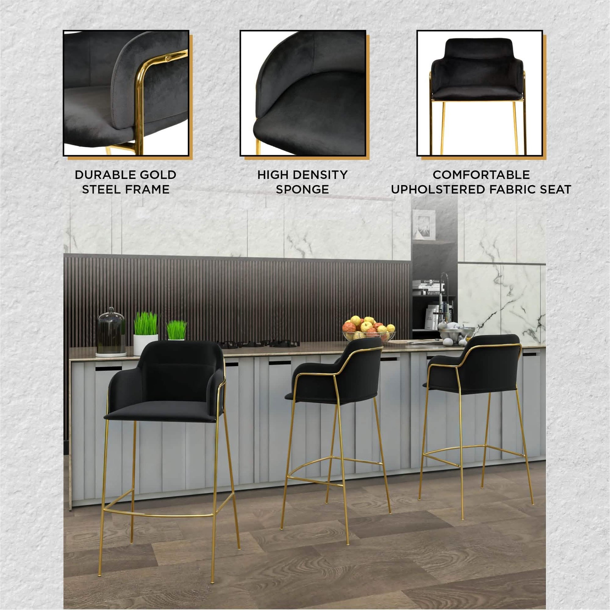 Axis 40" Bar Stool with Ergonomic Design, Powder - Coated Base, and Footrest in Black/Gold
