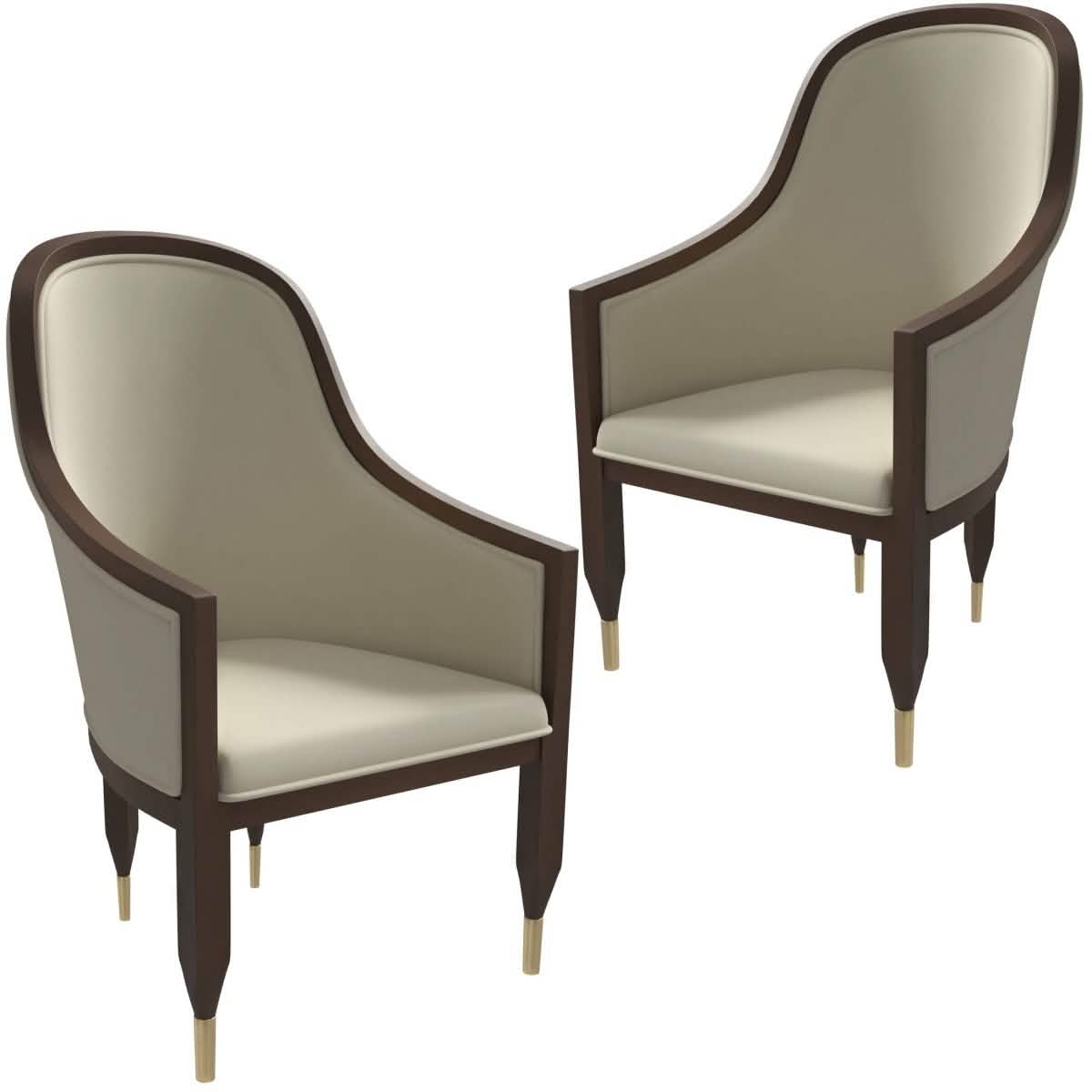 Belle Leather Dining Chair with Arms and Gold Metal Caps with Rubberwood Frame and Legs Set of 2