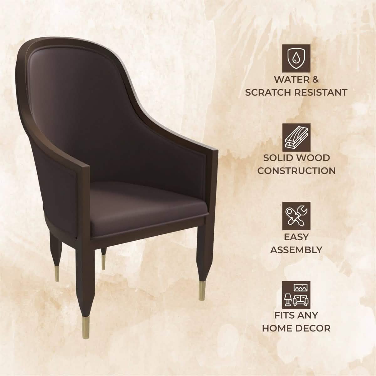 Belle Leather Dining Chair with Arms and Gold Metal Caps with Rubberwood Frame and Legs Set of 2