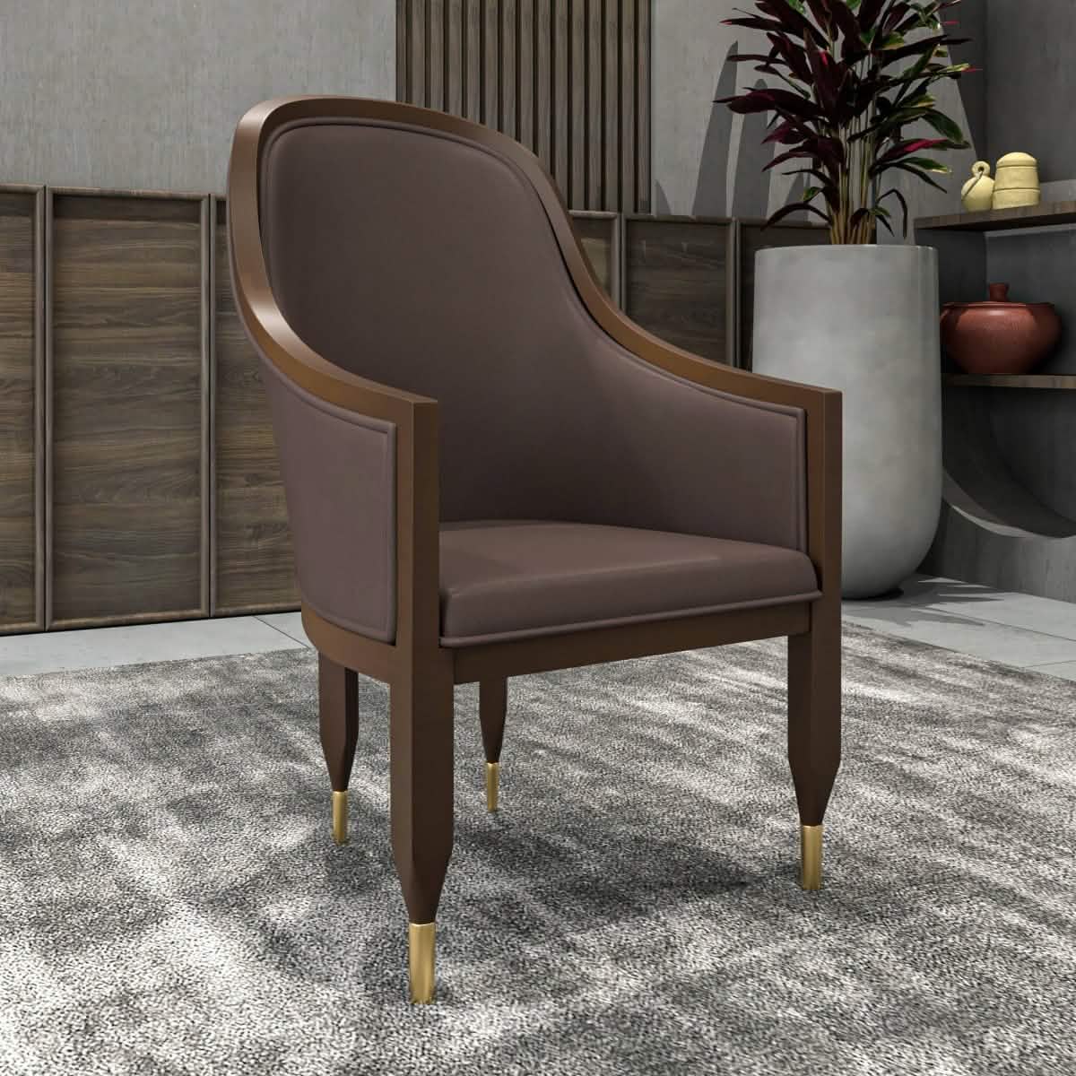 Belle Leather Dining Chair with Arms and Gold Metal Caps with Rubberwood Frame and Legs Set of 2
