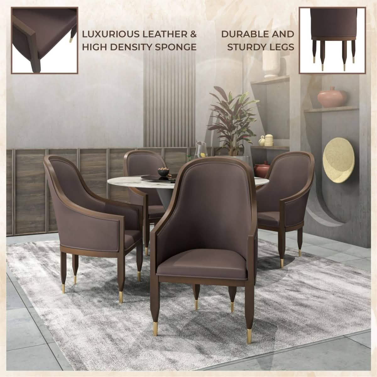 Belle Leather Dining Chair with Arms and Gold Metal Caps with Rubberwood Frame and Legs Set of 2
