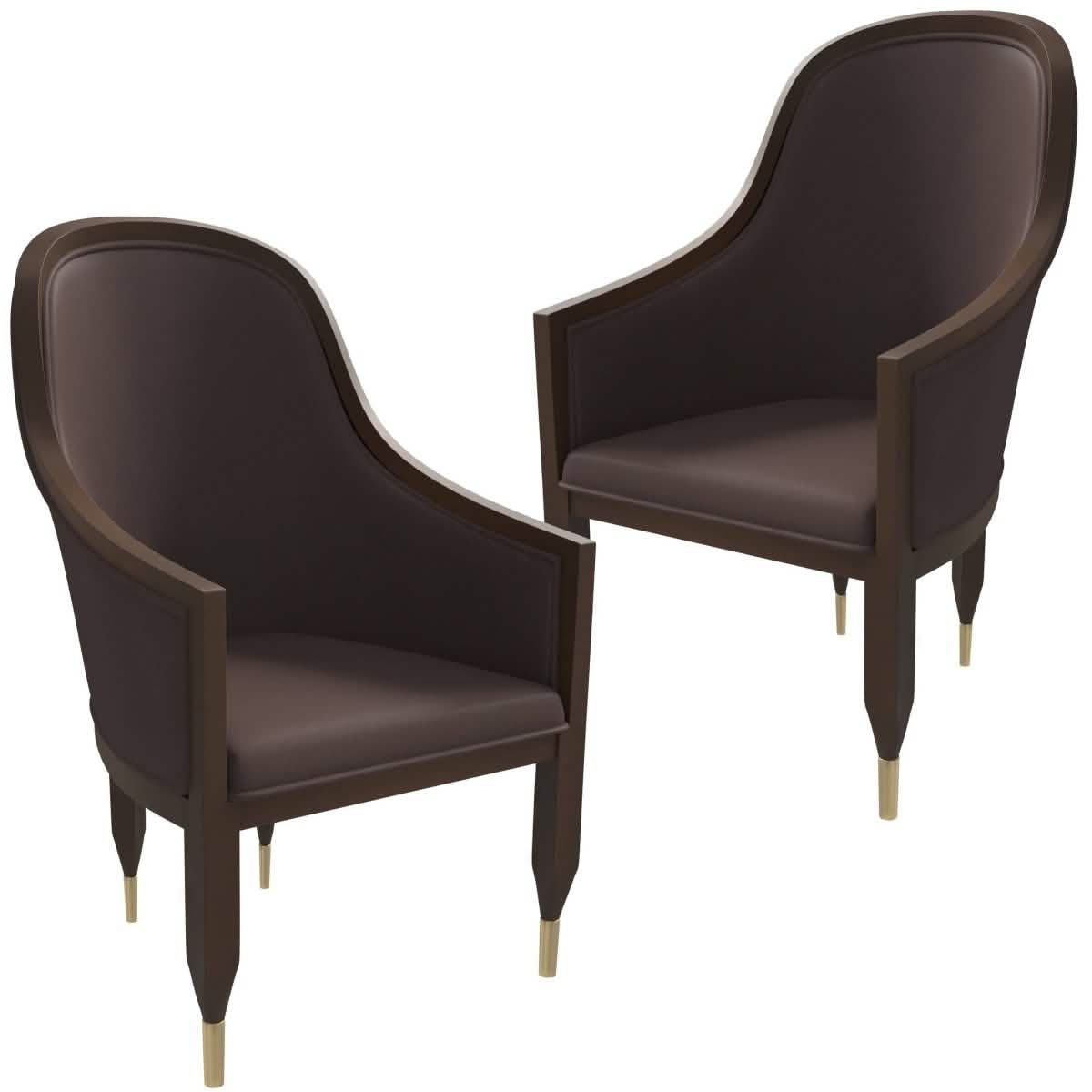 Belle Leather Dining Chair with Arms and Gold Metal Caps with Rubberwood Frame and Legs Set of 2