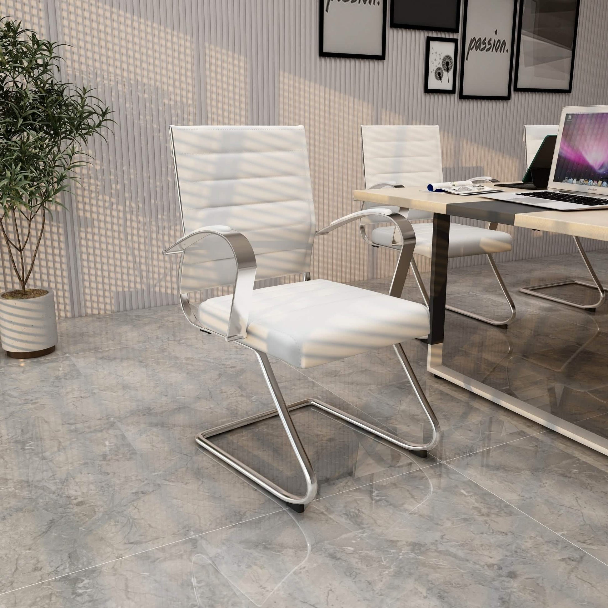 Benmar Mid - Back Office Conference Chair Upholstered in Leather with Stainless Steel Sled Base