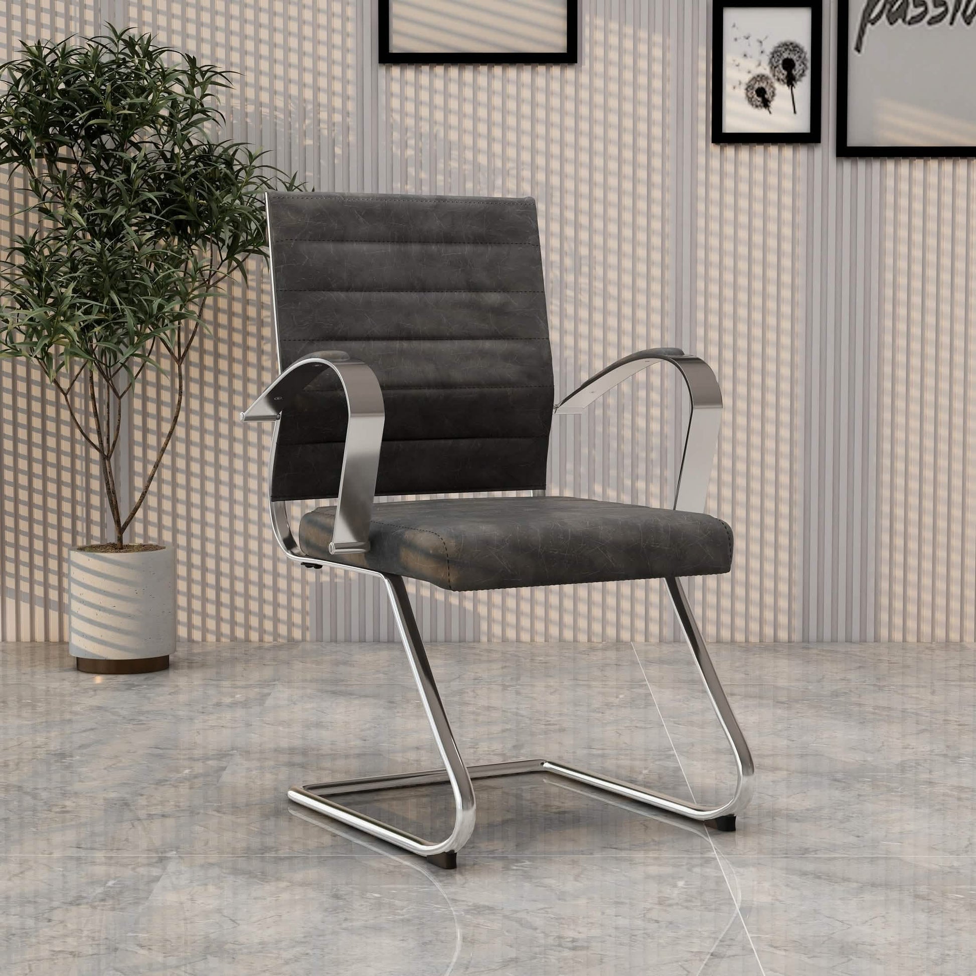 Benmar Mid - Back Office Conference Chair Upholstered in Leather with Stainless Steel Sled Base