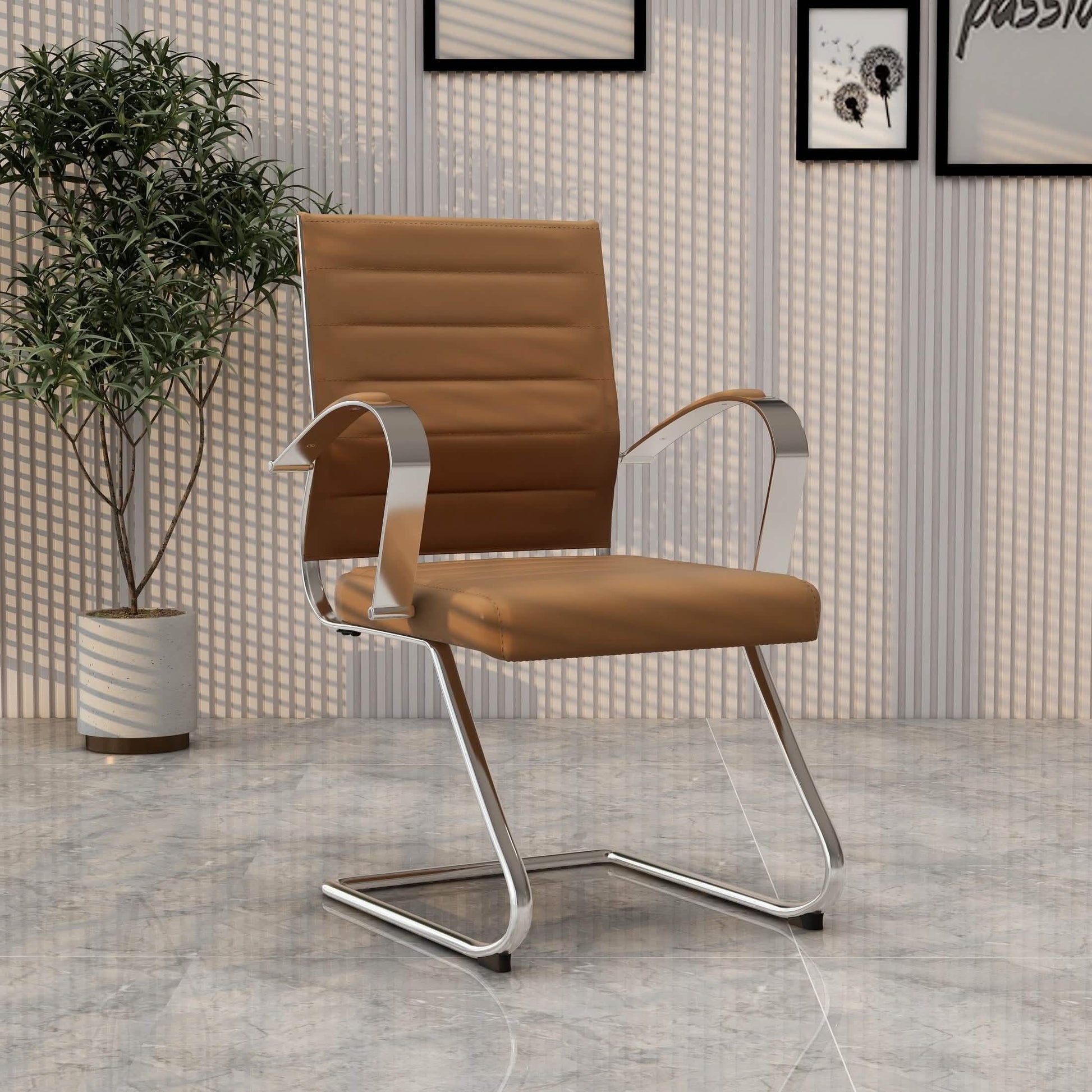 Benmar Mid - Back Office Conference Chair Upholstered in Leather with Stainless Steel Sled Base
