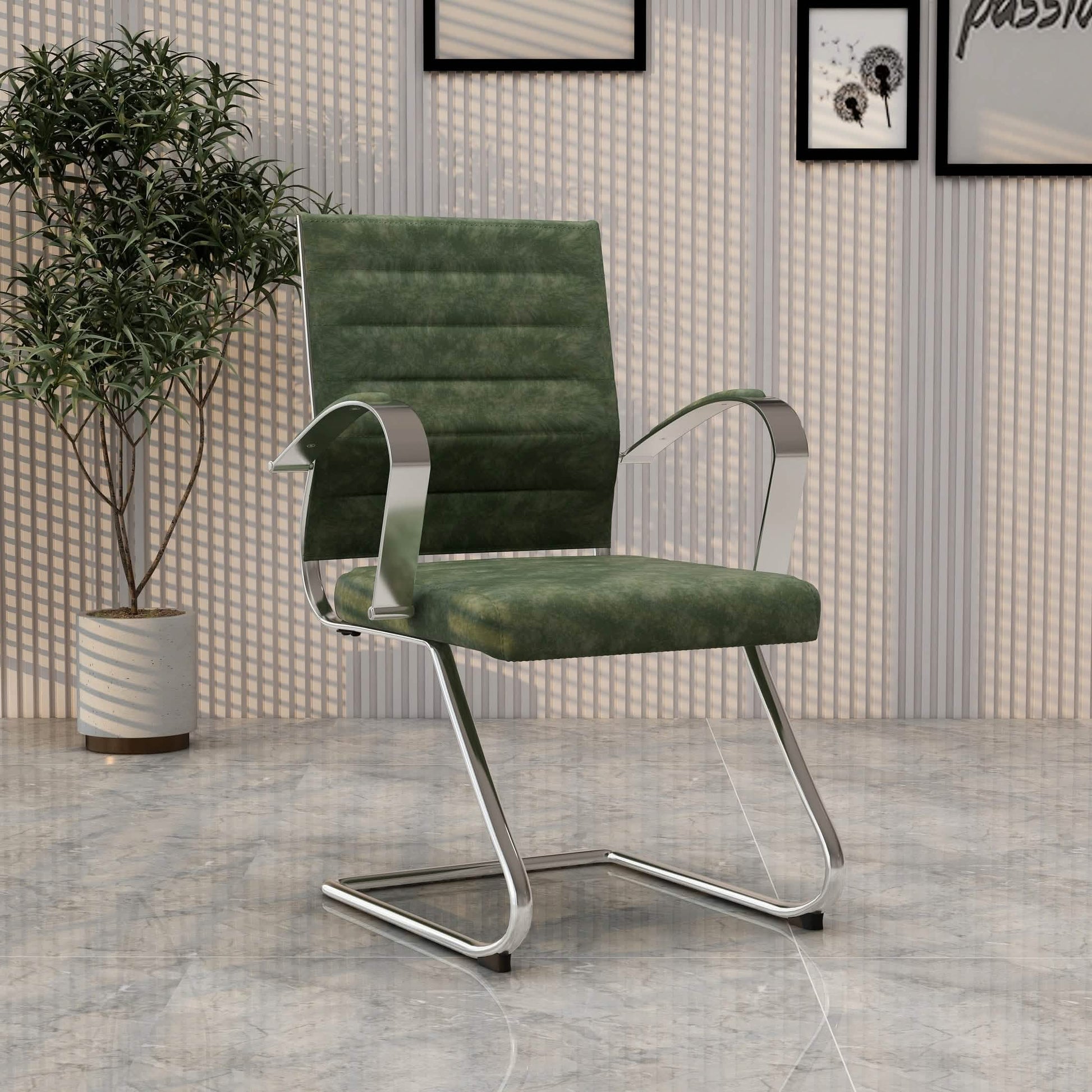 Benmar Mid - Back Office Conference Chair Upholstered in Leather with Stainless Steel Sled Base