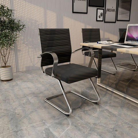 Benmar Mid-Back Office Conference Chair Upholstered in Leather with Stainless Steel Sled Base