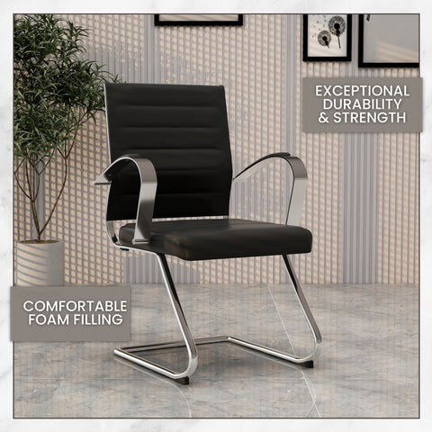 Benmar Mid-Back Office Conference Chair Upholstered in Leather with Stainless Steel Sled Base