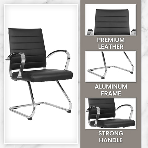 Benmar Mid-Back Office Conference Chair Upholstered in Leather with Stainless Steel Sled Base