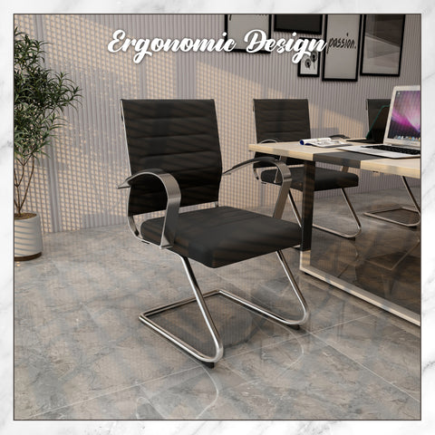 Benmar Mid-Back Office Conference Chair Upholstered in Leather with Stainless Steel Sled Base