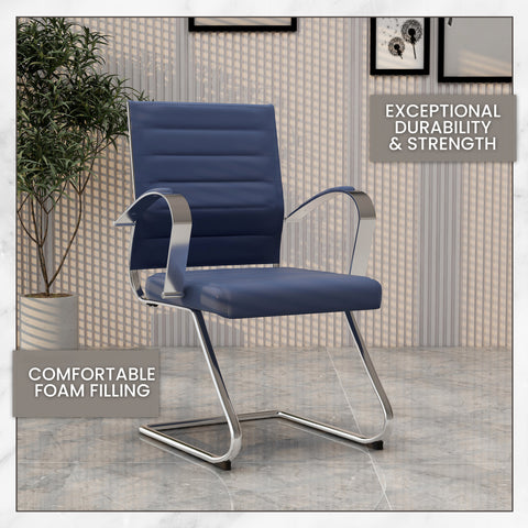 Benmar Mid-Back Office Conference Chair Upholstered in Leather with Stainless Steel Sled Base