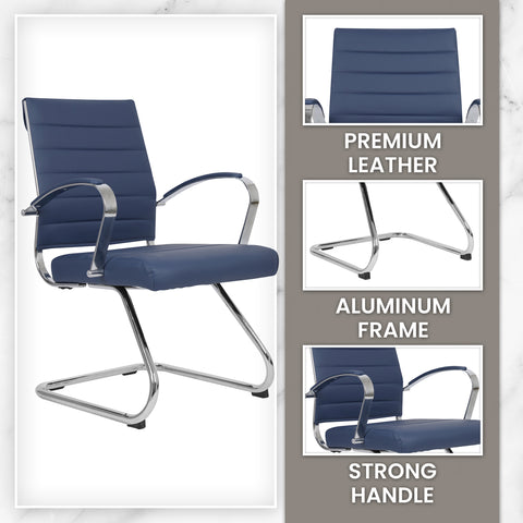 Benmar Mid-Back Office Conference Chair Upholstered in Leather with Stainless Steel Sled Base