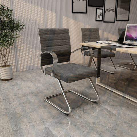 Benmar Mid-Back Office Conference Chair Upholstered in Leather with Stainless Steel Sled Base