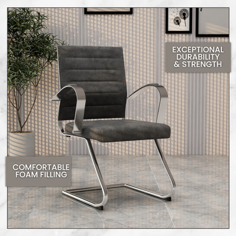 Benmar Mid-Back Office Conference Chair Upholstered in Leather with Stainless Steel Sled Base