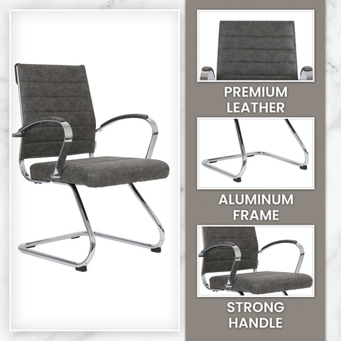 Benmar Mid-Back Office Conference Chair Upholstered in Leather with Stainless Steel Sled Base