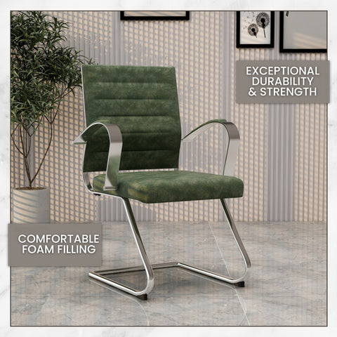 Benmar Mid-Back Office Conference Chair Upholstered in Leather with Stainless Steel Sled Base