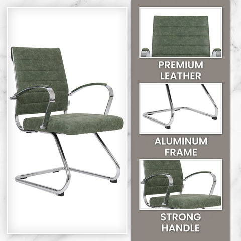 Benmar Mid-Back Office Conference Chair Upholstered in Leather with Stainless Steel Sled Base