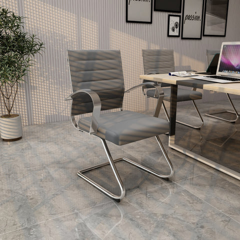 Benmar Mid-Back Office Conference Chair Upholstered in Leather with Stainless Steel Sled Base
