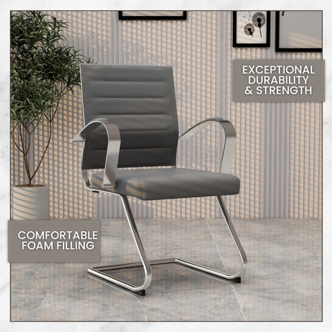 Benmar Mid-Back Office Conference Chair Upholstered in Leather with Stainless Steel Sled Base