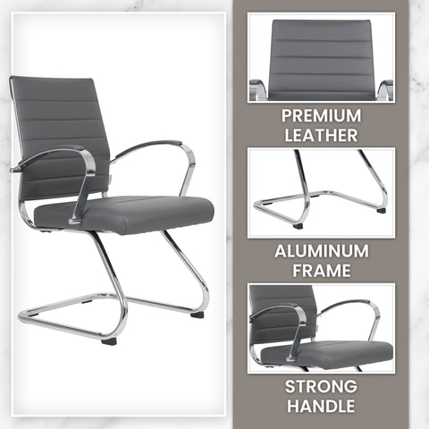 Benmar Mid-Back Office Conference Chair Upholstered in Leather with Stainless Steel Sled Base
