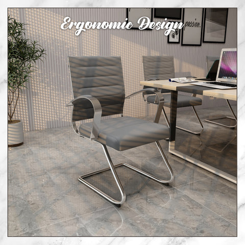 Benmar Mid-Back Office Conference Chair Upholstered in Leather with Stainless Steel Sled Base
