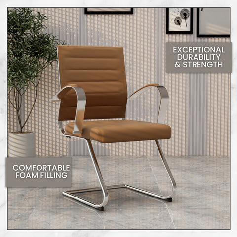 Benmar Mid-Back Office Conference Chair Upholstered in Leather with Stainless Steel Sled Base