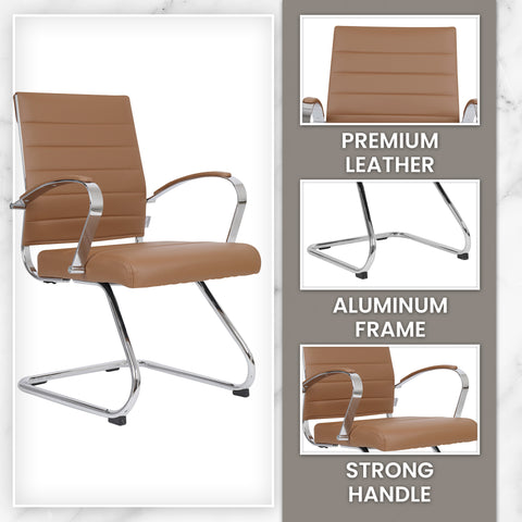 Benmar Mid-Back Office Conference Chair Upholstered in Leather with Stainless Steel Sled Base