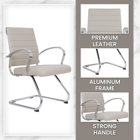 Benmar Mid-Back Office Conference Chair Upholstered in Leather with Stainless Steel Sled Base