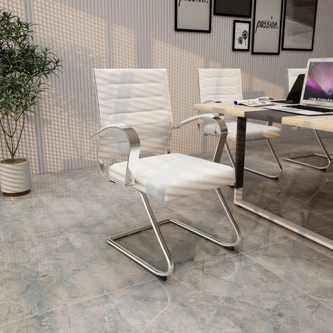 Benmar Mid-Back Office Conference Chair Upholstered in Leather with Stainless Steel Sled Base