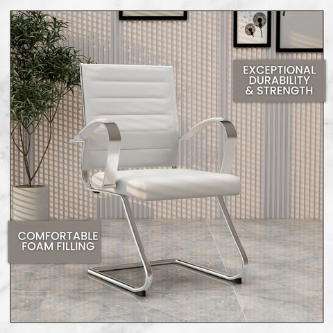 Benmar Mid-Back Office Conference Chair Upholstered in Leather with Stainless Steel Sled Base