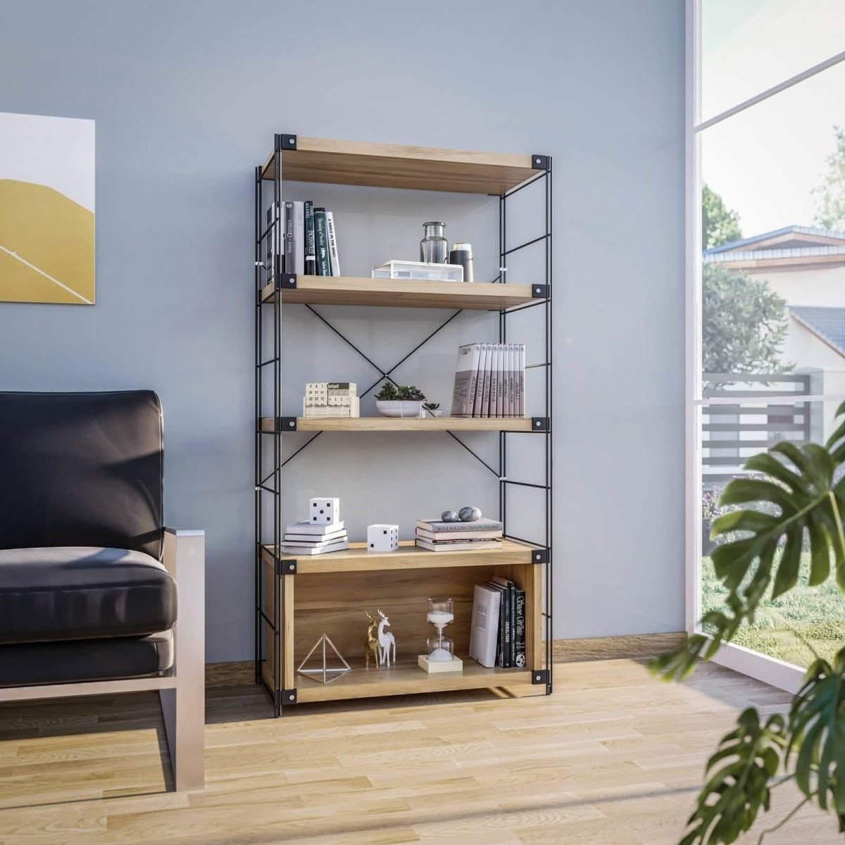 Brentwood Etagere Bookcase with Black/White Powder Coated Steel Frame and Melamine Board Shelves