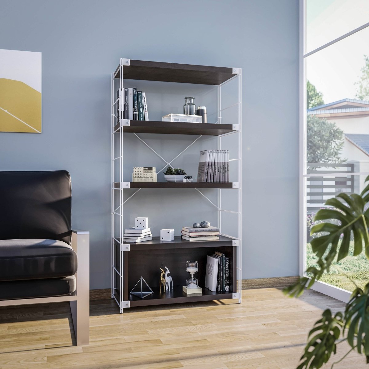 Brentwood Etagere Bookcase with Black/White Powder Coated Steel Frame and Melamine Board Shelves