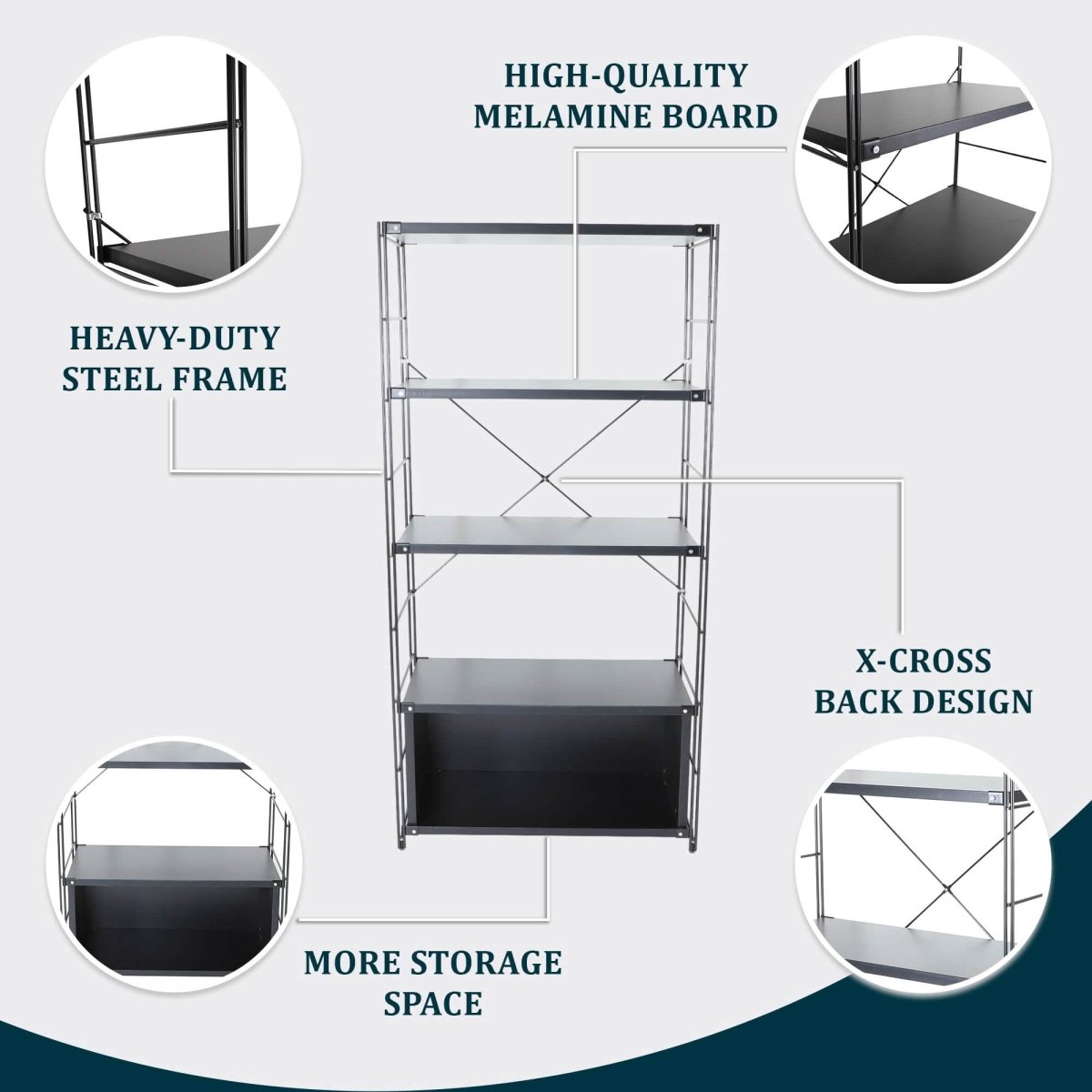 Brentwood Etagere Bookcase with Black/White Powder Coated Steel Frame and Melamine Board Shelves