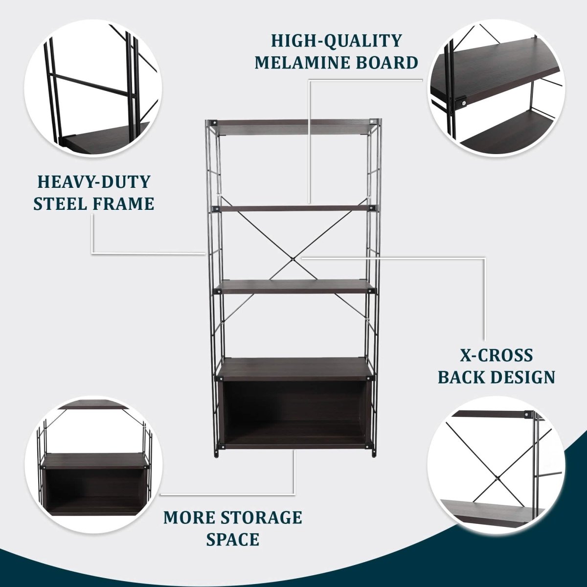 Brentwood Etagere Bookcase with Black/White Powder Coated Steel Frame and Melamine Board Shelves