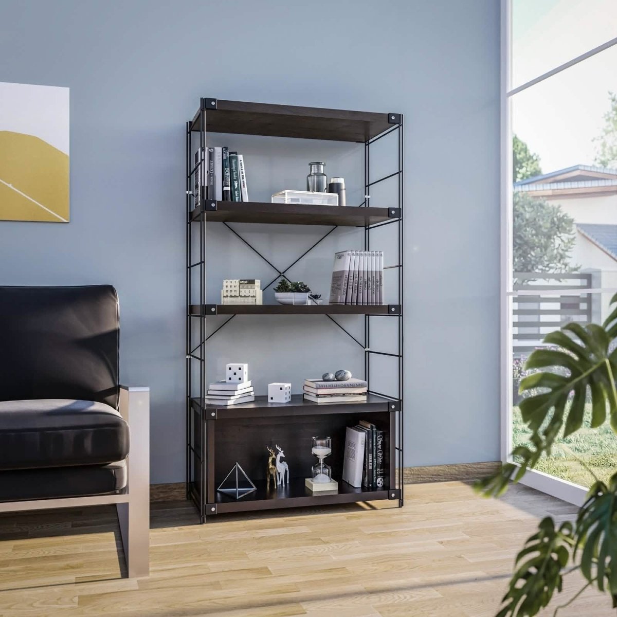 Brentwood Etagere Bookcase with Black/White Powder Coated Steel Frame and Melamine Board Shelves