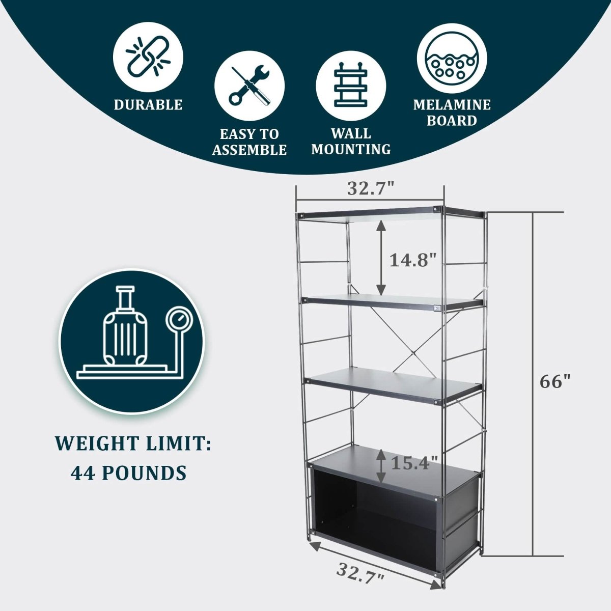 Brentwood Etagere Bookcase with Black/White Powder Coated Steel Frame and Melamine Board Shelves