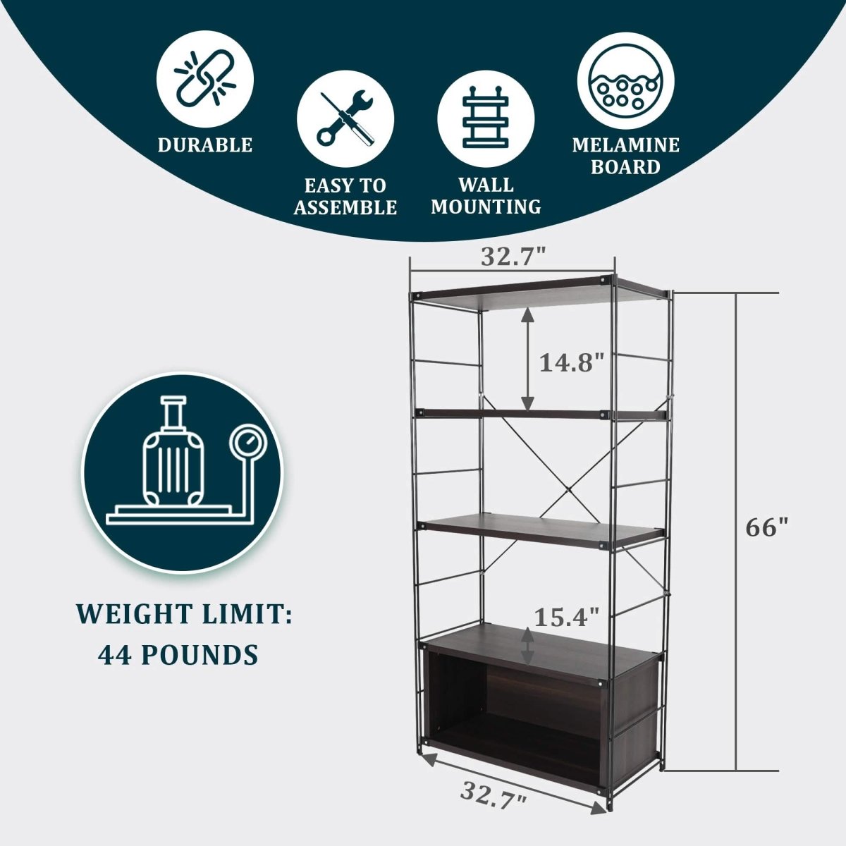 Brentwood Etagere Bookcase with Black/White Powder Coated Steel Frame and Melamine Board Shelves