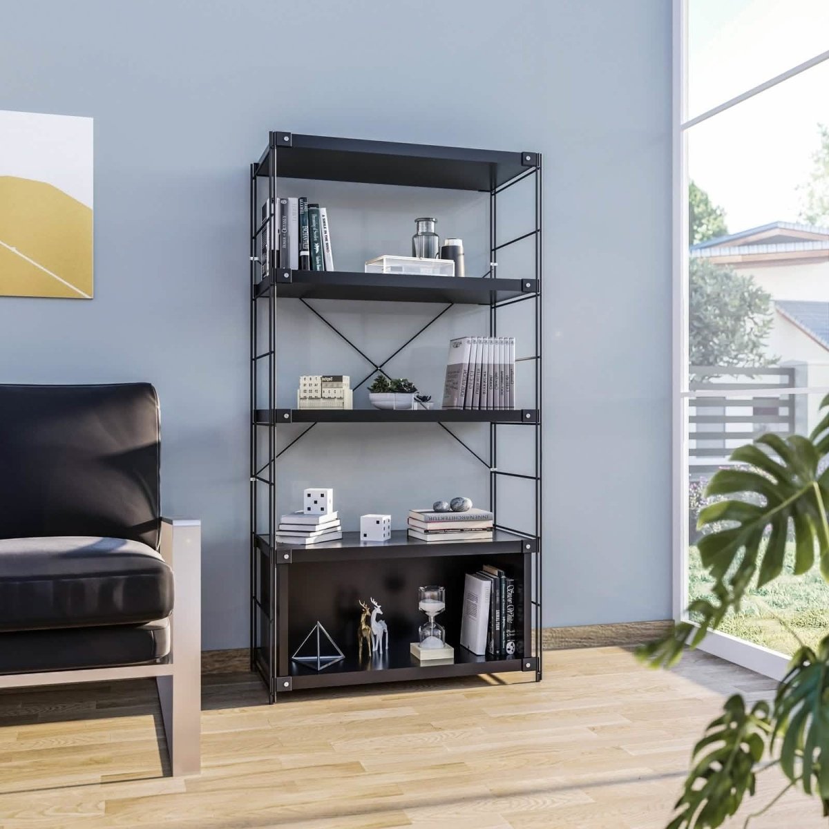 Brentwood Etagere Bookcase with Black/White Powder Coated Steel Frame and Melamine Board Shelves