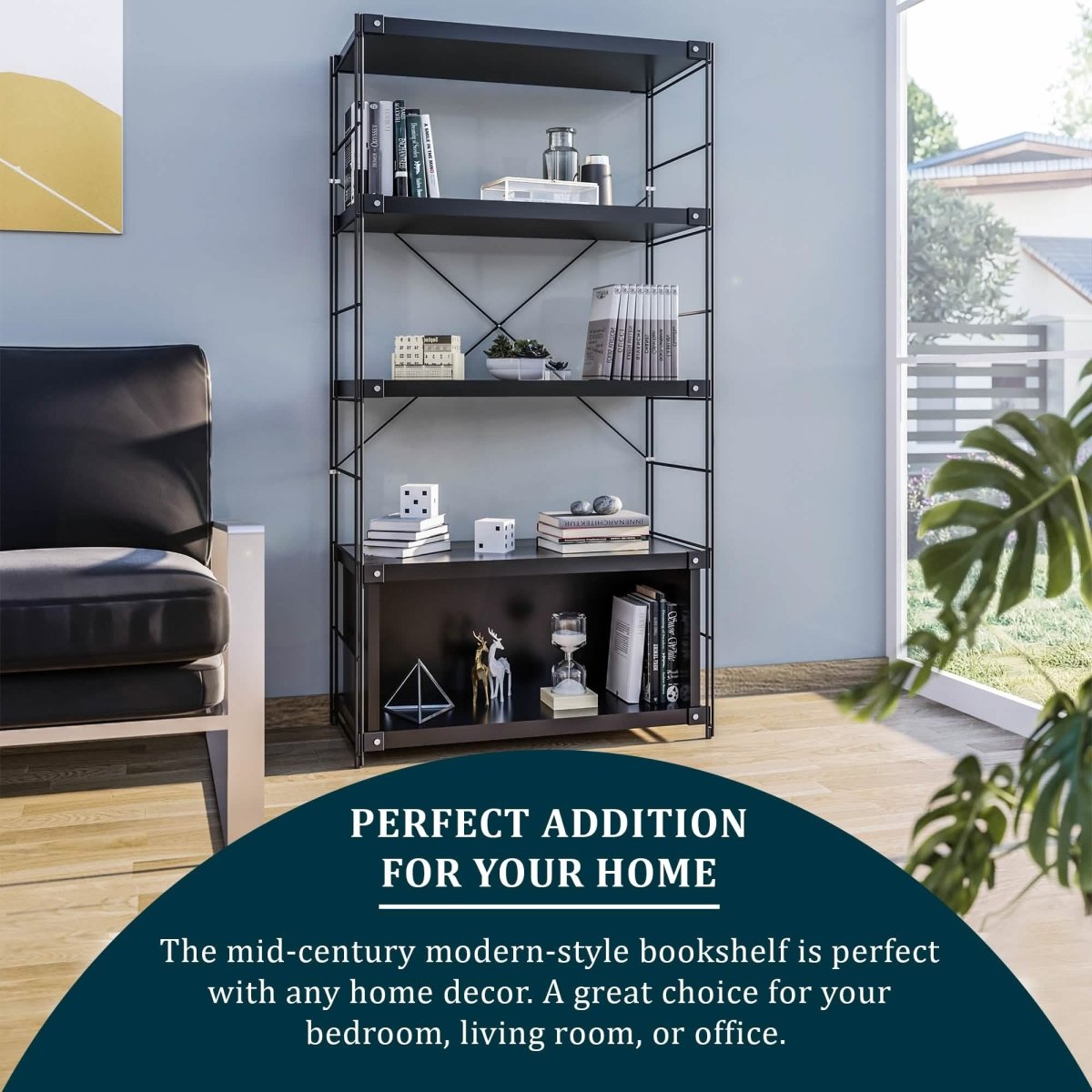 Brentwood Etagere Bookcase with Black/White Powder Coated Steel Frame and Melamine Board Shelves