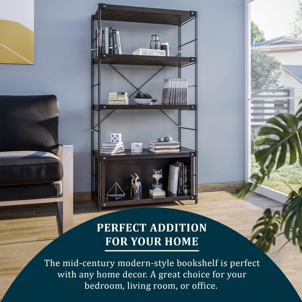 Brentwood Etagere Bookcase with Black/White Powder Coated Steel Frame and Melamine Board Shelves