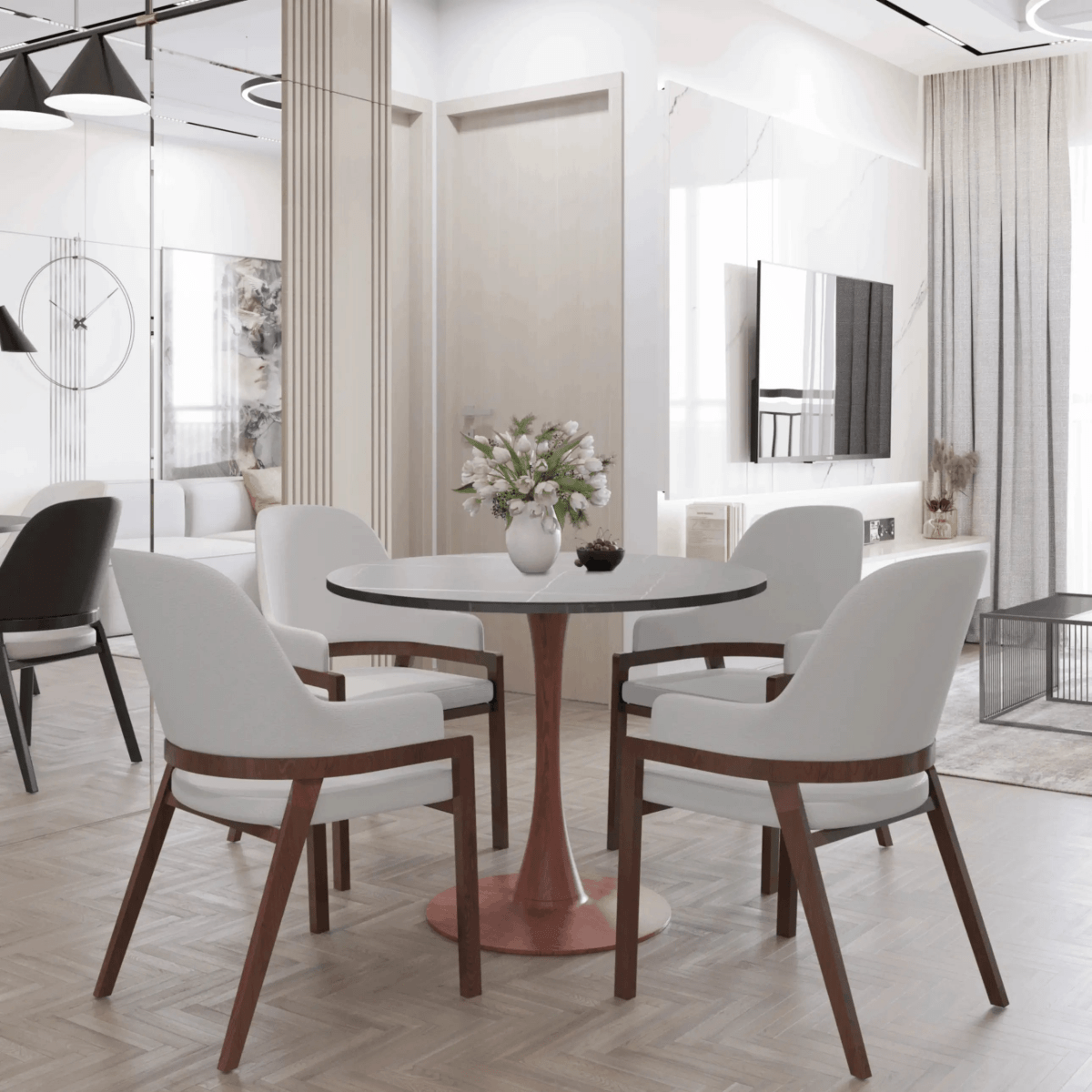 Bristol 24" Round Dining Table with Marbled Black Sintered Stone Top and Steel Pedestal Base