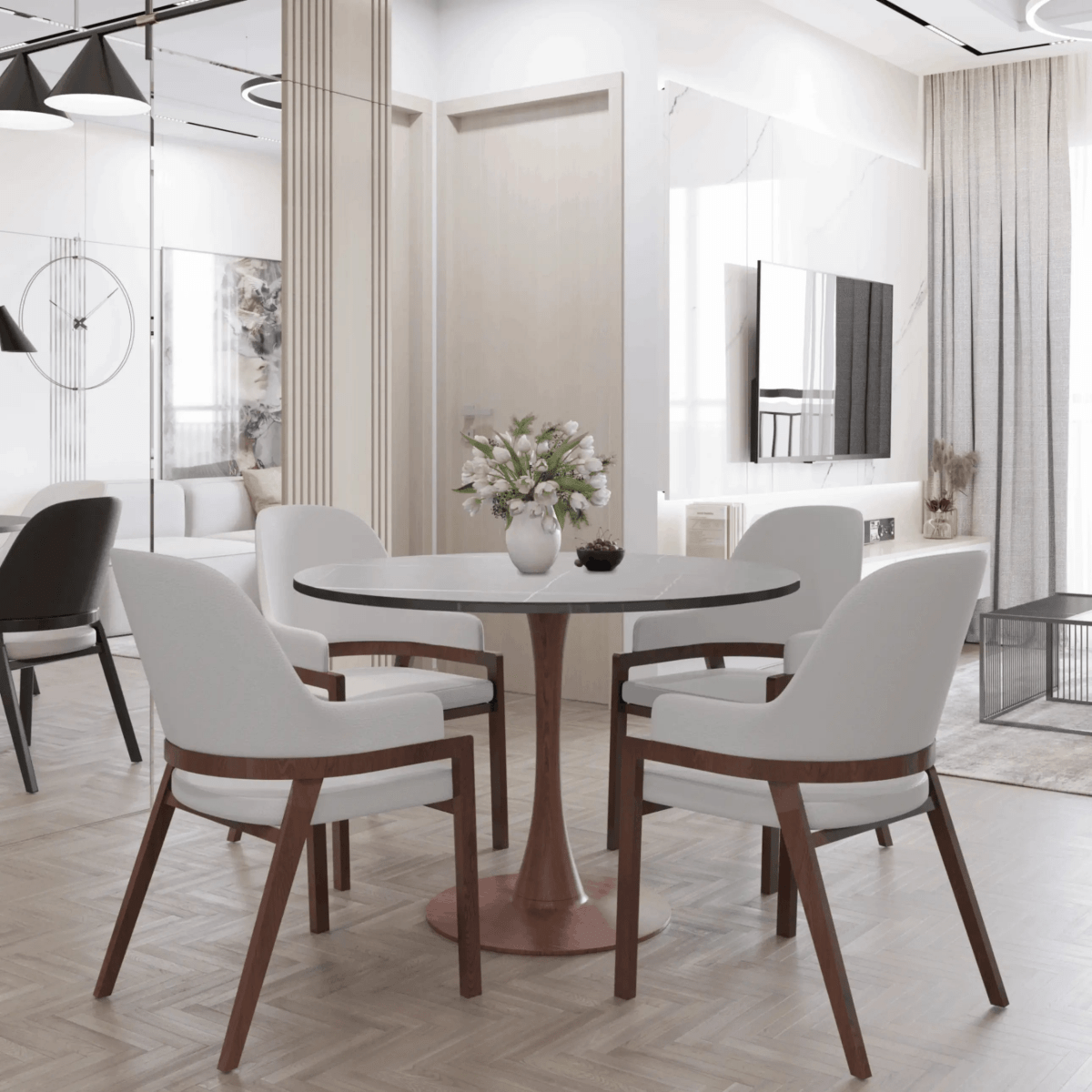 Bristol 36" Round Dining Table with Marbled Grey Sintered Stone Top and Steel Pedestal Base