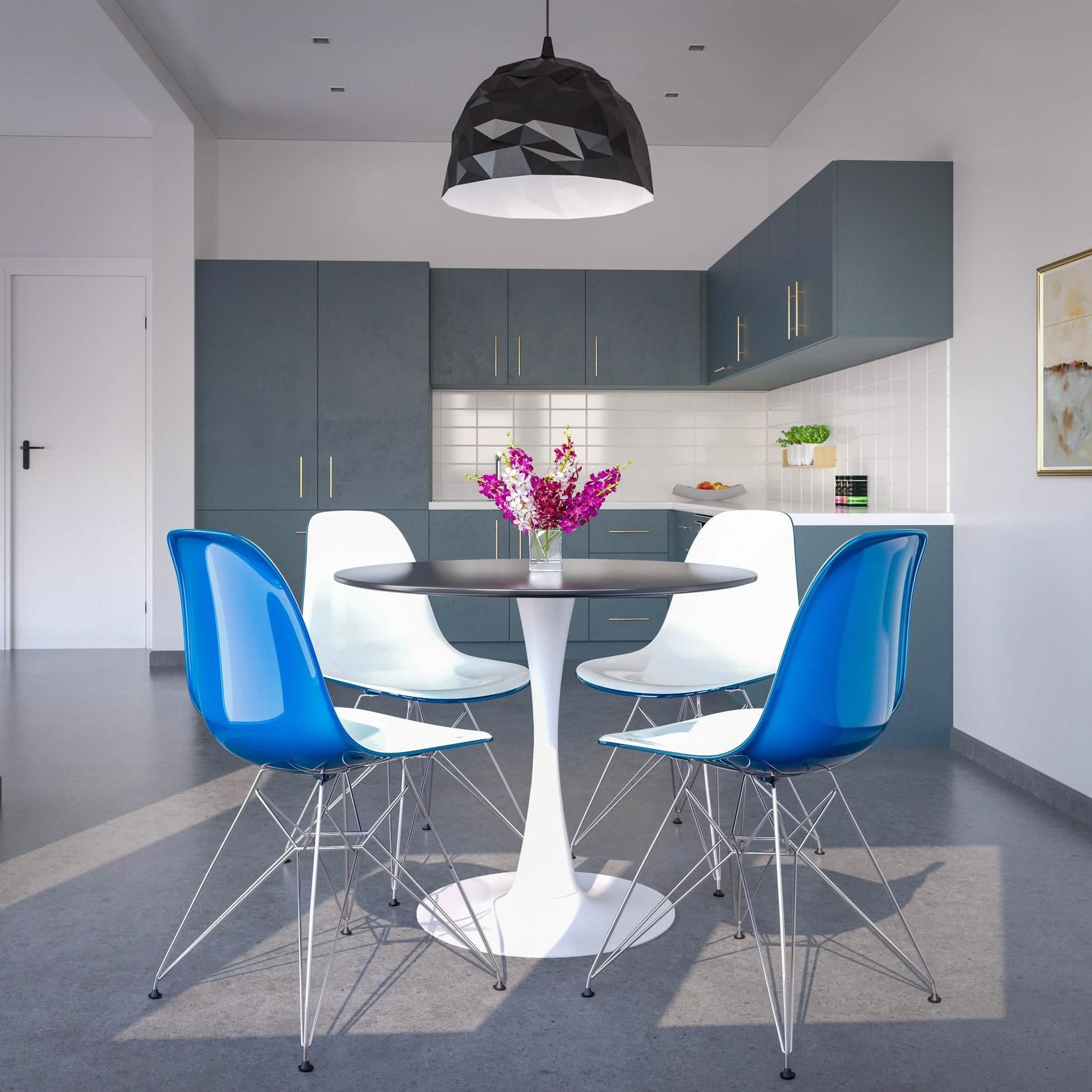 Bristol 5 - Piece Dining Set 35" MDF Round Table with 4 ABS Plastic Side Chair in Chrome