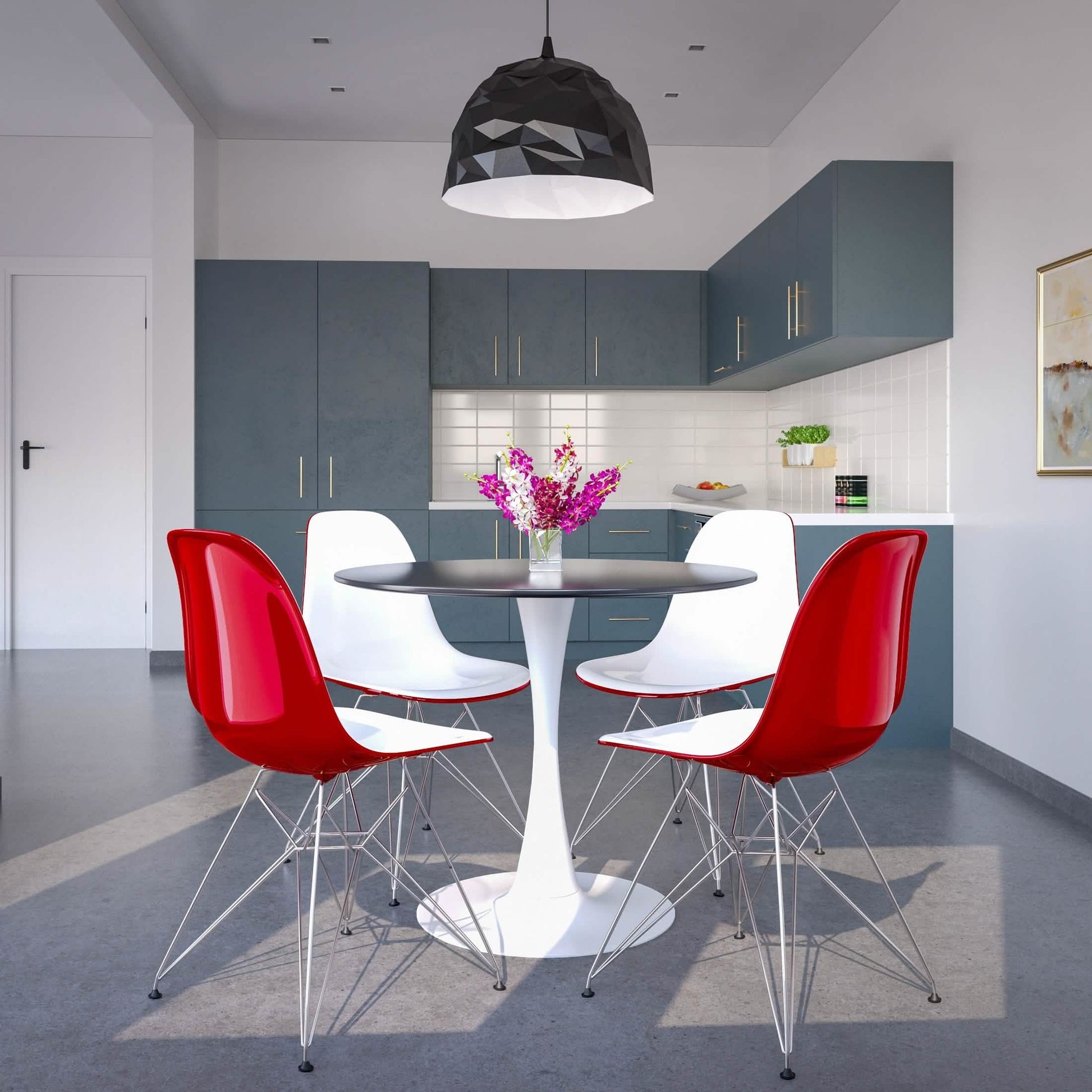 Bristol 5 - Piece Dining Set 35" MDF Round Table with 4 ABS Plastic Side Chair in Chrome