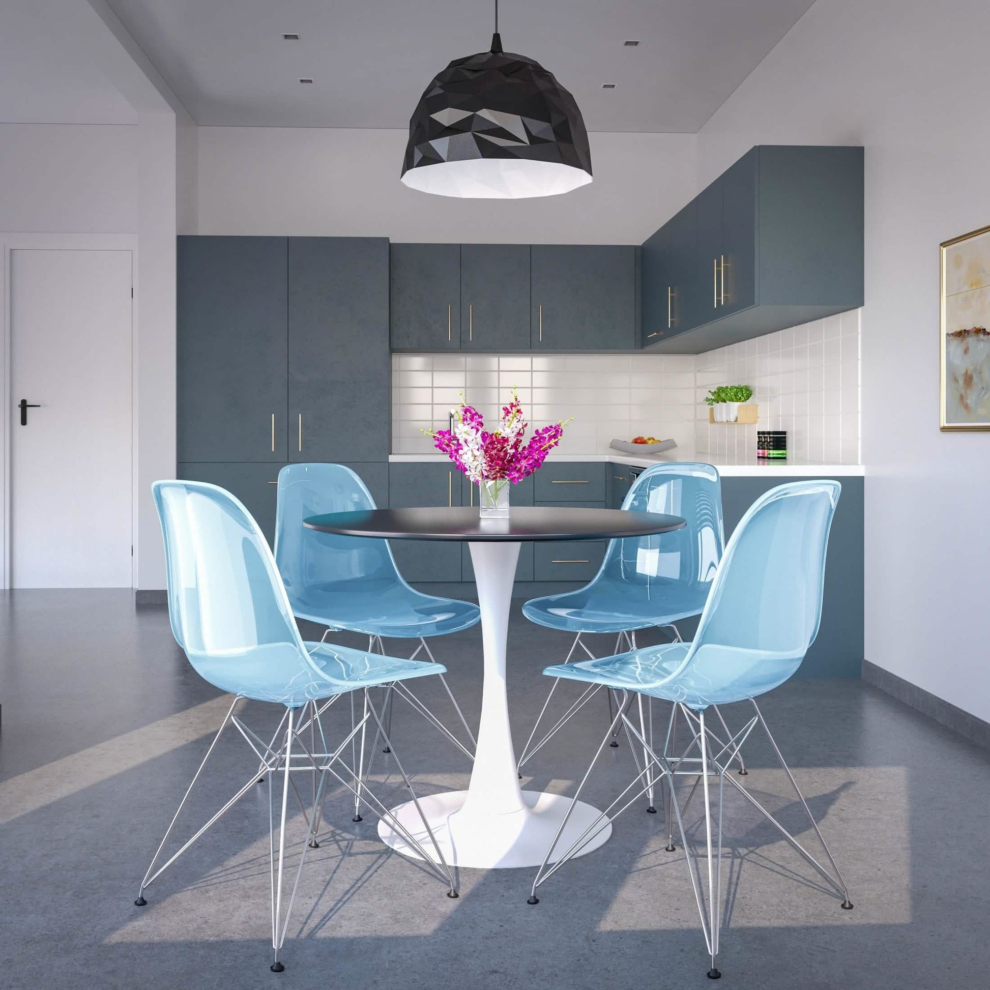 Bristol 5 - Piece Dining Set 35" MDF Round Table with 4 ABS Plastic Side Chair in Chrome