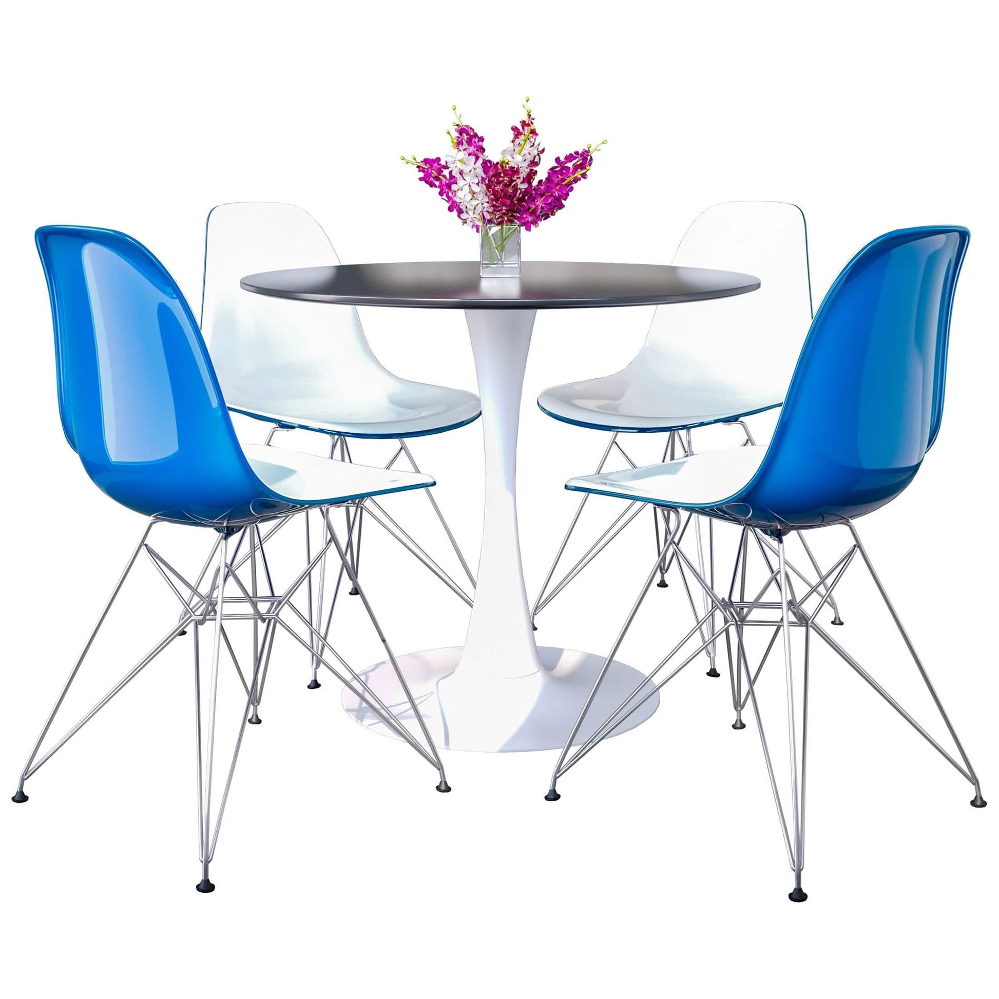 Bristol 5 - Piece Dining Set 35" MDF Round Table with 4 ABS Plastic Side Chair in Chrome
