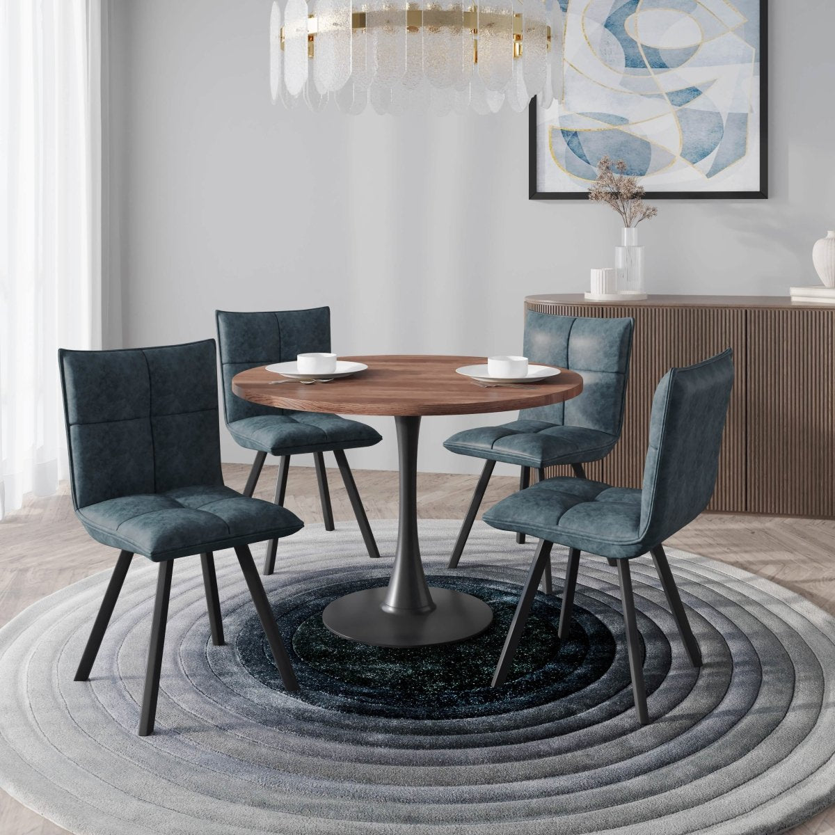 Bristol 5 - Piece Dining Set with 36" Round Dining Table with Cognac Brown MDF Top and Black Base 4 Leather Dining Chairs