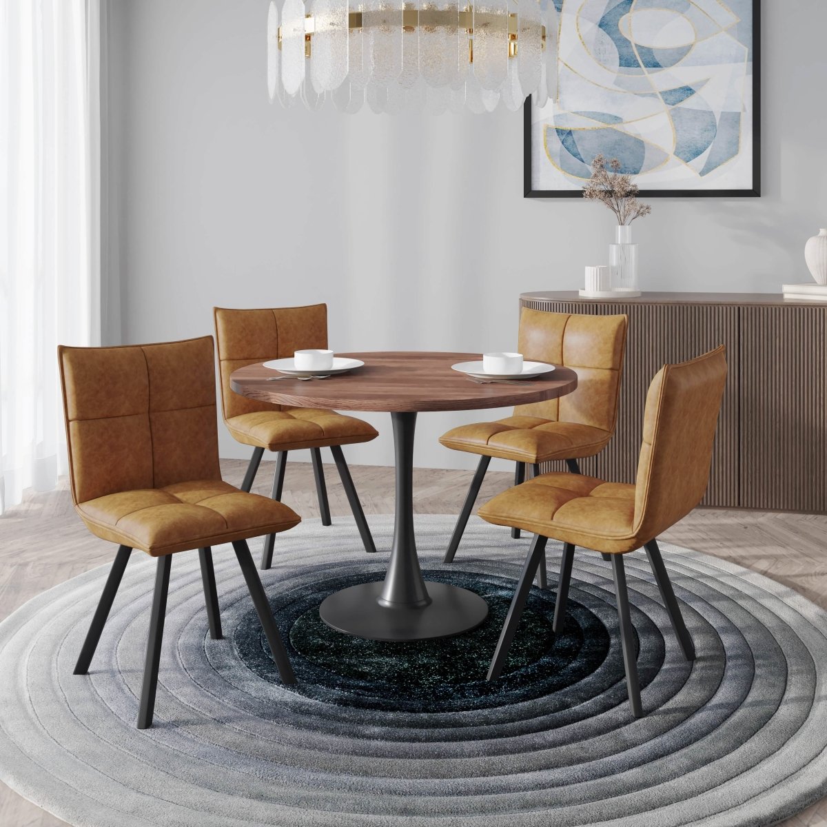 Bristol 5 - Piece Dining Set with 36" Round Dining Table with Cognac Brown MDF Top and Black Base 4 Leather Dining Chairs