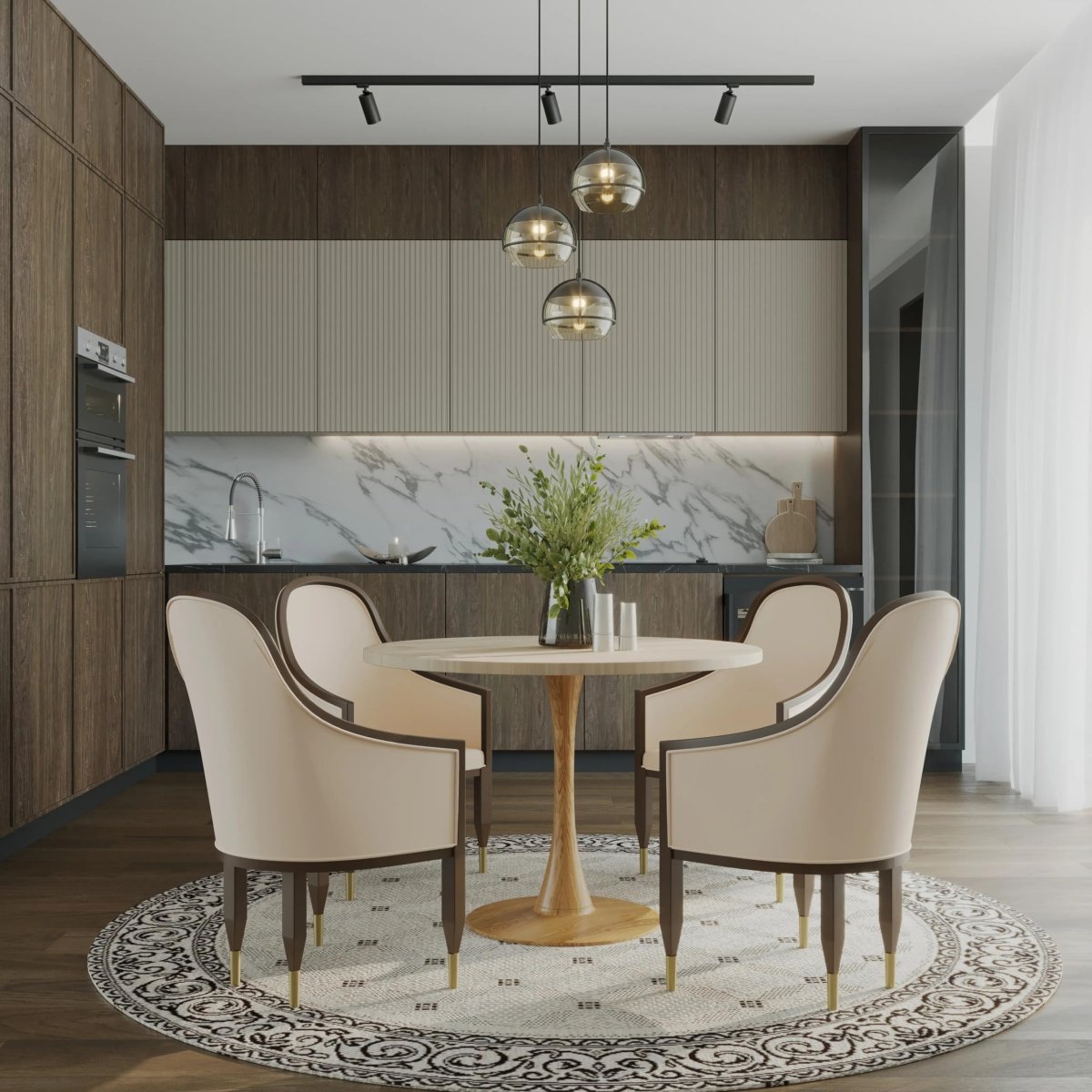 Bristol Round Dining Table With MDF Wood/Sintered Stone Tabletop with Natural Wood Finish Pedestal Base